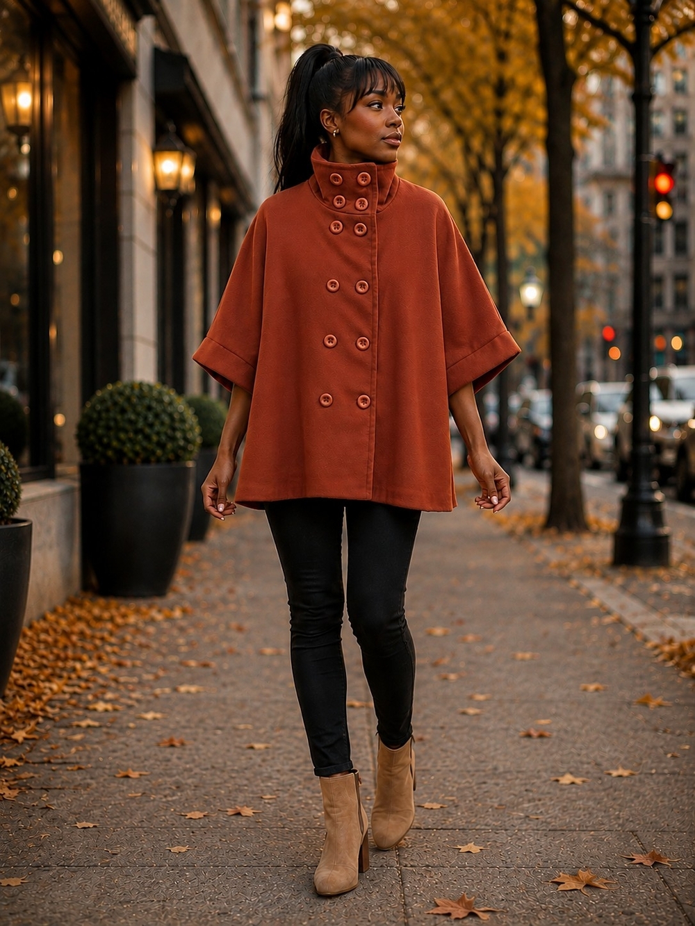 Tiziana Cervasio Rust Cape Coat Women's One Size Button Front Lined Collar